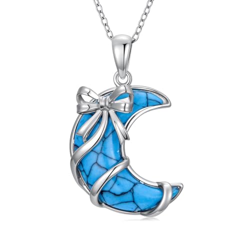 925 Sterling Silver Turquoise Moon Pendant Necklace for Women, Snake/Flower/Bow/Tree of Life/Star Moon Necklace, Dainty Jewelry for Daily Wear & Gifts - style: Style 3