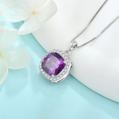 Birthstone Necklace for Women 925 Sterling Silver Princess Cut Halo Necklace Pendant Jewelry for Mom Wife - color: Purple