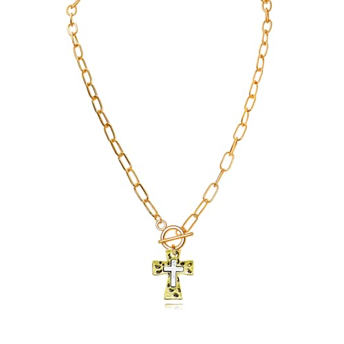 Chunky Cross Necklace for Women,Gold Silver Layered Hammered Cross Pendant Necklace Statement Paperclip Toggle Charm Chain Herringbone Snake Choker Christian Jewelry Outfit Accessories - color: AGold Silver