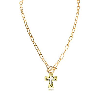 Chunky Cross Necklace for Women,Gold Silver Layered Hammered Cross Pendant Necklace Statement Paperclip Toggle Charm Chain Herringbone Snake Choker Christian Jewelry Outfit Accessories - color: AGold Silver