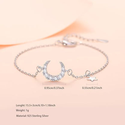 SUYACS 925 Sterling Silver Star Moon Bracelets for Women Mom | Dainty 14K Gold Plated Crescent CZ Link Bracelet Lucky Friendship Charm Chain Jewelry Birthday Gifts for Daughter Friends - color: Silver