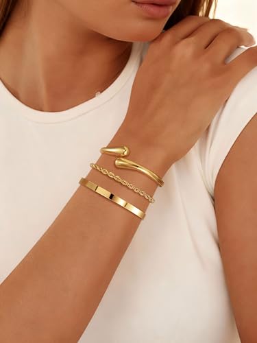 14K Gold Plated Stackable Bangle Bracelets for Women | Dainty Cuff Bracelets, Stackable for Women, Waterproof Bracelet Stack, Gold Jewelry Gifts Trendy Adjustable Accessories - color: 3-layer-H-Gold