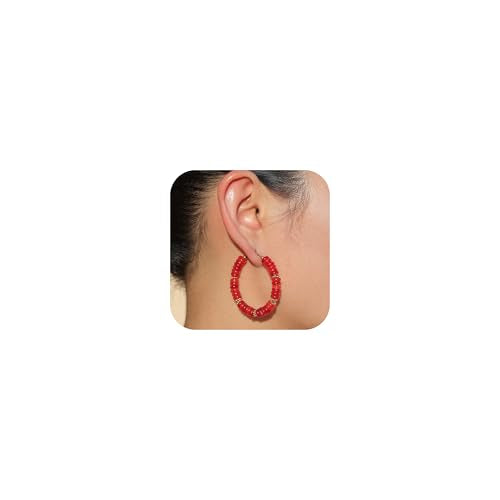 Wellike Beaded Hoop Earrings for Women Natural Stone Pink Gold Huggie Earrings Hypoallergenic Dainty Waterproof Trendy Jewelry - color: Red, size: 45mm