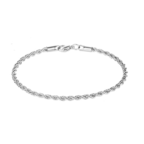 kelistom 18K Gold Silver Tone Rope Link Chain Bracelet for Women Men, 3mm 4mm Braided Rope Chain Bracelets, 7” 7.5” 8.3”, - size: 7.0", style: 3mm-silver