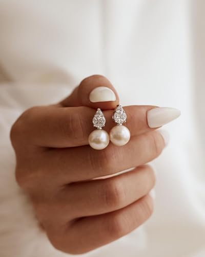 Pearl Earrings for Women Trendy Dainty Wedding Earring 14K Gold Plated/Silver Plated Dainty Cute Drop Dangle Pearl Earrings Studs Hypoallergenic CZ Diamond Wedding Earrings for Brides Prom Jewelry Gift for Women - color: 06.Silver drop