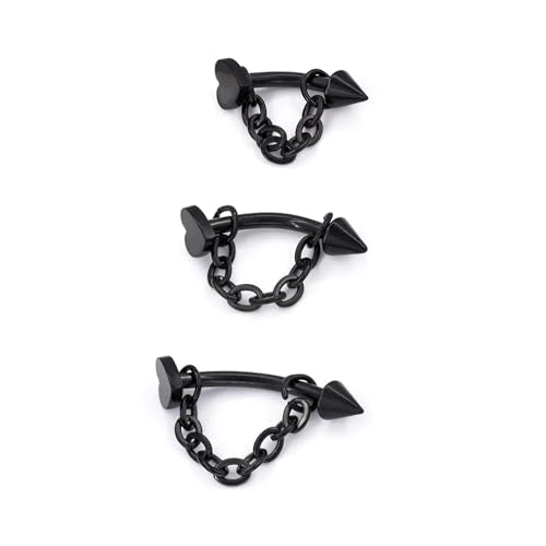3 Pcs 316L Stainless Steel 16G Tragus Helix Rook Piercing Jewelry with Chain, Cartilage Earrings for Women, Belly Button Ring Vertical Labret Lip Piercing Jewelry - color: Black, size: Heart