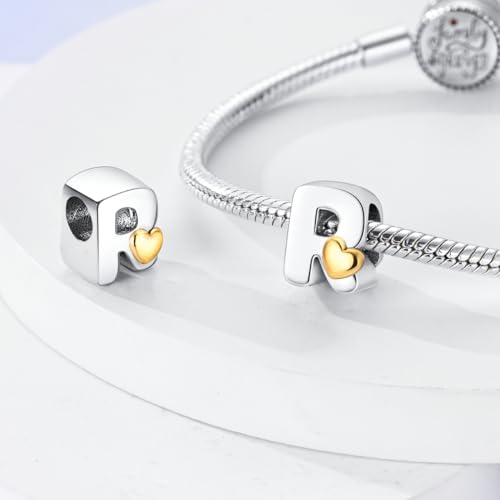 925 Sterling Silver Letter Charms A-Z for Bracelet Necklace Alphabet Bead | Heart letter A B C D G J charm initial gold Pendant beads Jewelry Gift for Women - color: Letter R