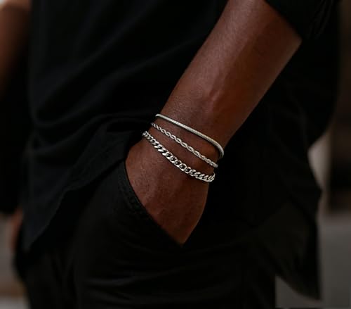 Mens Bracelet - Dainty Gold/Silver Chain Bracelet Stack 14K Gold Plated Silver Bracelets for Men Stainless Steel Adjustable Cross Charm Cuban Link Bracelet Snake Jewelry Set to Men Dad Birthday Day - color: S2, size: 8+2 Inch