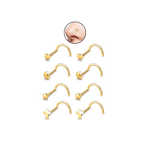 20G Nose Rings for Women, L Shaped Nostril Piercing Studs | 316L Stainless Steel, 0.8 mm×7 mm, 2 mm CZ or 3-4 mm Heart, Star, Moon and Cross, Gold-Tone or Silver-tone, Daily Wear - style: Gold Style A