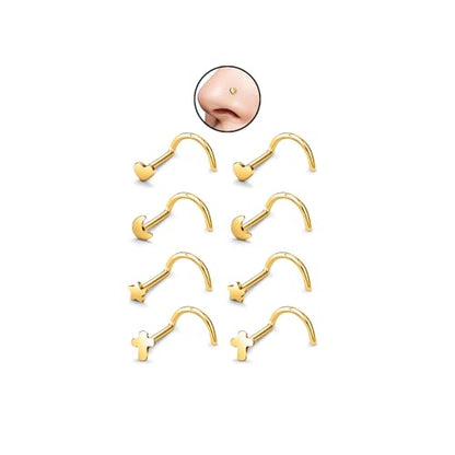 20G Nose Rings for Women, L Shaped Nostril Piercing Studs | 316L Stainless Steel, 0.8 mm×7 mm, 2 mm CZ or 3-4 mm Heart, Star, Moon and Cross, Gold-Tone or Silver-tone, Daily Wear - style: Gold Style A