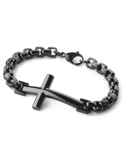 Stainless Steel Mens Cross Bracelet - 18K Gold Plated 316L Christian - Religious Jewelry for Women - color: Black Rhodium plated
