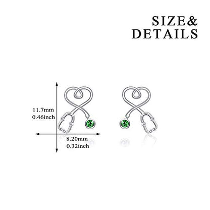 Stethoscope Earrings 925 Sterling Silver Heart Studs Earrings 12 Months Birthstone Crystals from Austria, Graduation Jewelry Gifts for Nurse Doctor RN Medical Student - color: Simulated Emerald