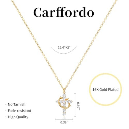 Carffordo 925 Sterling Silver Cross Necklace, Dainty Necklace for Women | Simple Small Cross Pendant Necklace, Sterling Silver/16K Gold Plated Non-Tarnish Faith Jewelry, Christian Religious Gifts - style: Gold Crown Cross