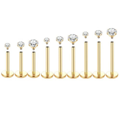 Xpircn Flat Back Stud Earrings 14K Gold Plated Internally Threaded CZ Stud Piercing Jewelry for Tragus Helix Cartilage Conch Nose Hypoallergenic Lip Labret Medusa Piercing 16G 18G - color: 16 Gauge, Gold, size: Mixed (8/10/12mm) Bar