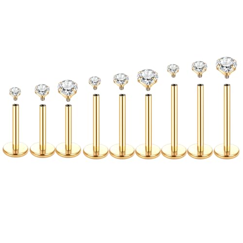 Xpircn Flat Back Stud Earrings 14K Gold Plated Internally Threaded CZ Stud Piercing Jewelry for Tragus Helix Cartilage Conch Nose Hypoallergenic Lip Labret Medusa Piercing 16G 18G - color: 16 Gauge, Gold, size: Mixed (8/10/12mm) Bar