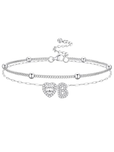 Bestyle Initial Anklet Bracelets for Women Waterproof Non Tarnish 14K Gold/White Gold Plated CZ Anklets for Women Dainty Layered Letter Heart Ankle Bracelets Adjustable Foot Chain Anklet - color: B