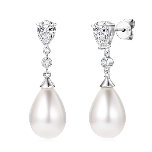 925 Sterling Silver Pearl Drop Earrings for Women, June Birthstone Long Dangle Pearl Jewelry Gifts for Her - color: 13mm Silver