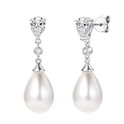 925 Sterling Silver Pearl Drop Earrings for Women, June Birthstone Long Dangle Pearl Jewelry Gifts for Her - color: 13mm Silver