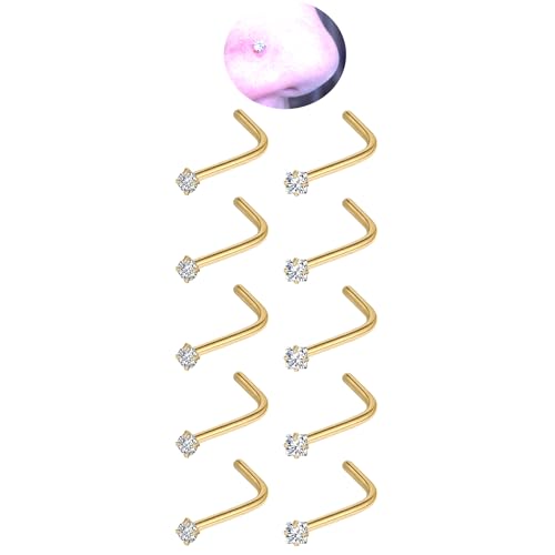 20G Nose Rings Studs for Women Corkscrew Sliver Nose Studs Hypoallergenic Nose Rings 316L Stainless Steel Nose Nostril Percing Jewely for Women Men Round Square CZ Imitation Diamond 1.5mm/2.0mm/2.5mm/3.0mm - style: 20G-L-Shape-gold-1.5mm