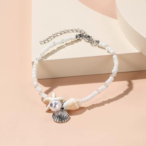 Beach Puka Shell Anklet for Women Waterproof Beaded Ankle Bracelets Adjustable Starfish Seashell Pearl Foot Chain Boho Jewerly Present for Summer Beach Party - color: beige