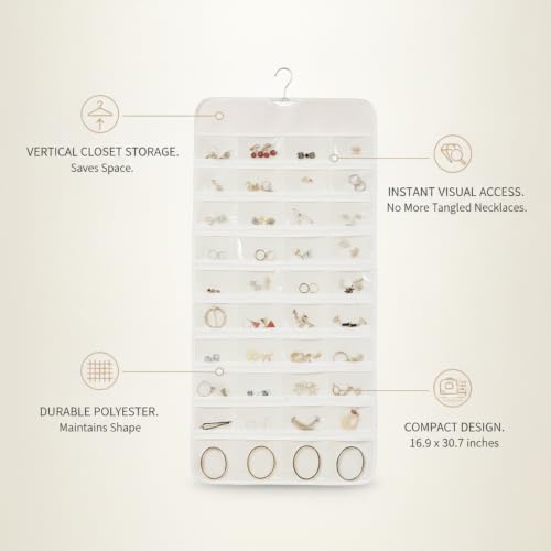 Hanging Jewelry Organizer, Vertical Closet Storage with Clear Pockets for Necklaces and Earrings, Polyester Roll-Up Bag (1 PC) - color: White