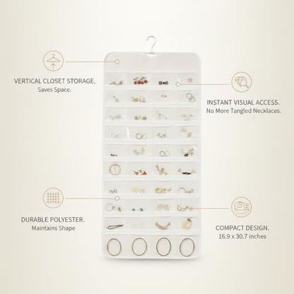 Hanging Jewelry Organizer, Vertical Closet Storage with Clear Pockets for Necklaces and Earrings, Polyester Roll-Up Bag (1 PC) - color: White