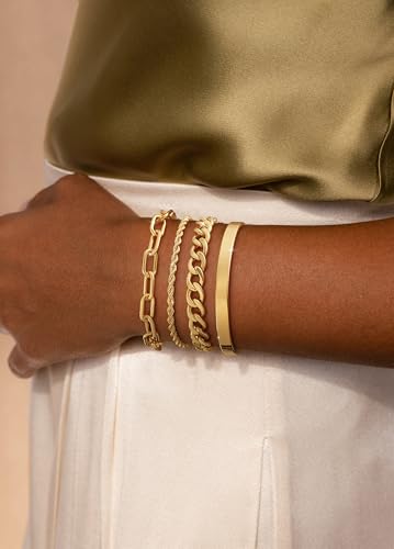 KOHOTA Chunky Gold Bracelets for Women Non Tarnish 14K Gold Plated Cuff Bracelet Stack Trendy Love Bangle Bracelets Stackable Tennis Bracelet Set Tie Knot Cuban Paperclip Figaro Chain Jewelry Gifts - color: A.Cuban bracelet