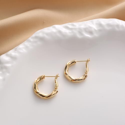 14k Gold Plated Hoop Earrings for Women, 925 Sterling Silver Posts Thick Twist Hypoallergenic Chunky Large Earrings 20mm 30mm 40mm 50mm - color: Yellow Gold, size: 20mm