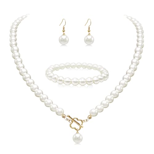 Cryshimmer Pearl Choker Necklace for Women Faux Pearl Beads Strand Necklace Earring Set Costume Jewelry,Gift for Wife Mother - color: 4-leaf Toggle