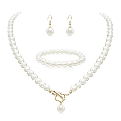 Cryshimmer Pearl Choker Necklace for Women Faux Pearl Beads Strand Necklace Earring Set Costume Jewelry,Gift for Wife Mother - color: 4-leaf Toggle