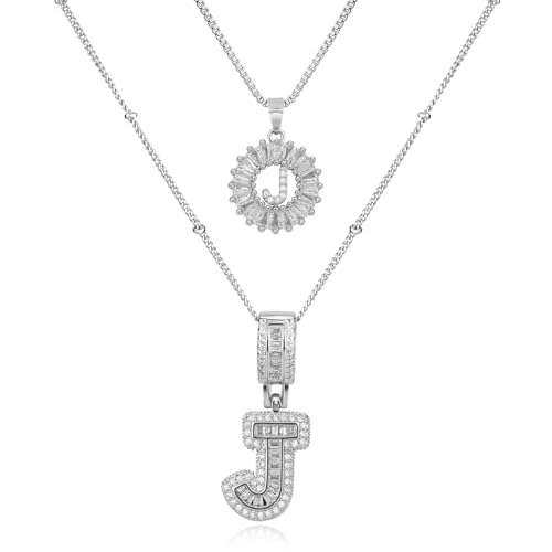 14K Gold Plated Alphabet Necklace Cubic Zirconia Letter Pendant, Personalized Name Jewelry Gift for Women, Customizable A-Z, Birthday/Mothers Day Gifts for Womens - color: White Gold, style: Style-J