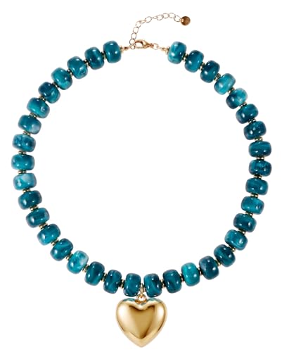 SYNLIN Resin Chunky Beaded Necklace for Women, Adjustable Heart Pendant Beaded Choker, Lightweight Statement Necklace, Boho Summer Beach Jewelry - color: Emerald Green