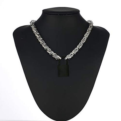 Heart Padlock Collar Stainless Steel Lock Necklace Byzantine Chain Necklace Locking Collar Choker for Men Women Jewelry - style: D