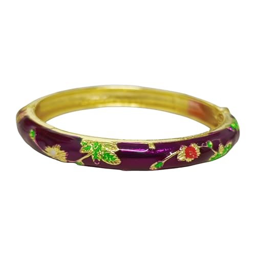 Cloisonne Bracelet For Women, Chunky Bangle Trendy Cute Flower Enamel Bangles Multi Tone Engraved Cuff Gold Plated Bracelets Stackable Wife Jewelry Friendship Gift - color: Dark Purple