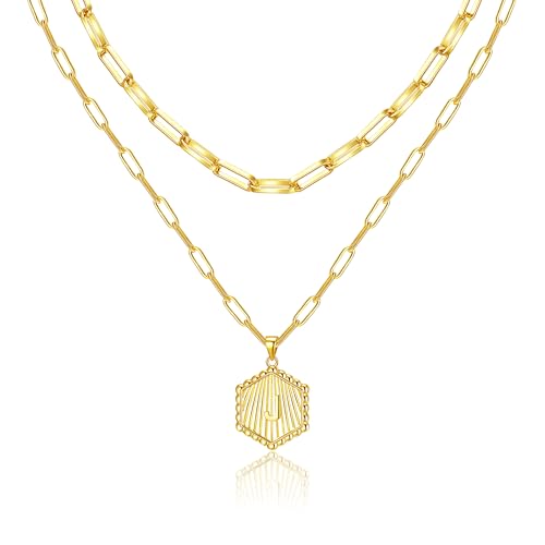Layered Initial Necklace for Women | Gold Plated Paperclip Chain with Sunburst Hexagon Letter Pendant | Double Layer Alphabet Necklace | Personalized Minimalist Jewelry Gift - color: J