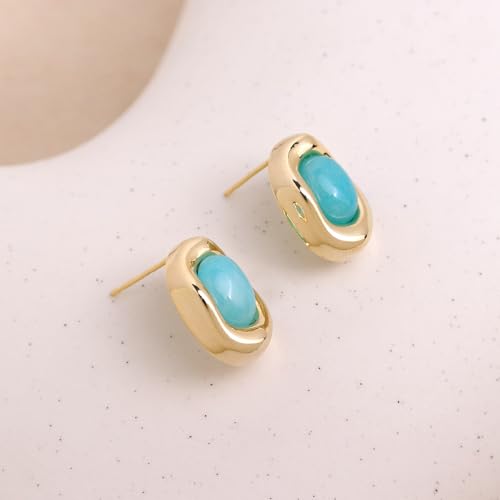 Jean Beau Chunky Gold Stone Stud Earrings for Women, Trendy Natural Gemstone Hypoallergenic Earing Valentine Jewelry Gift - color: Amazonite Blue