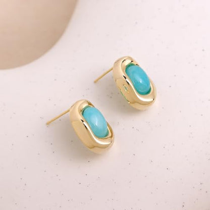 Jean Beau Chunky Gold Stone Stud Earrings for Women, Trendy Natural Gemstone Hypoallergenic Earing Valentine Jewelry Gift - color: Amazonite Blue