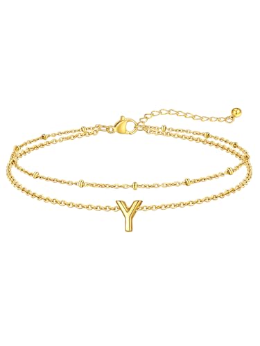 FaithHeart Initial Ankle Bracelets for Women, Waterproof 14k Gold Plated Initial Anklets Non Tarnish Stainless Steel Cute Layered Anklet Summer Beach Jewelry - color: Gold, size: Initial Y