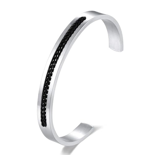 Stainless Steel Cuff Bracelet with Inlaid Chain,Sleek Open Bangle - color: Silver Cuff with Single Black Chain