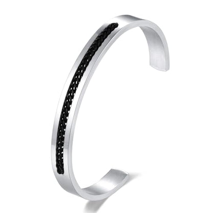 Stainless Steel Cuff Bracelet with Inlaid Chain,Sleek Open Bangle - color: Silver Cuff with Single Black Chain