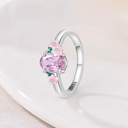 KUNSIR 925 Silver Cubic Zirconia Ring Size 7-9 Wedding Band Sterling Silver Eternity Ring Modern Style - style: Pink Flower Ring