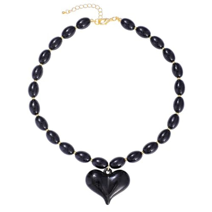 Chunky Beaded Necklaces for Women Trendy Colorful Acrylic Bead Statement Necklace Puffy Heart Pendent Necklaces for Women Boho Fashion Jewelry - color: B-black