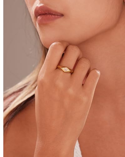 YeGieonr Gold Rings for Women Non Tarnish, 18K Gold Plated Stainless Steel North Star Signet Ring, Waterproof Dainty Pinky Statement Ring, Tarnish Free Gold Jewelry for Women - color: Rhombus Pink