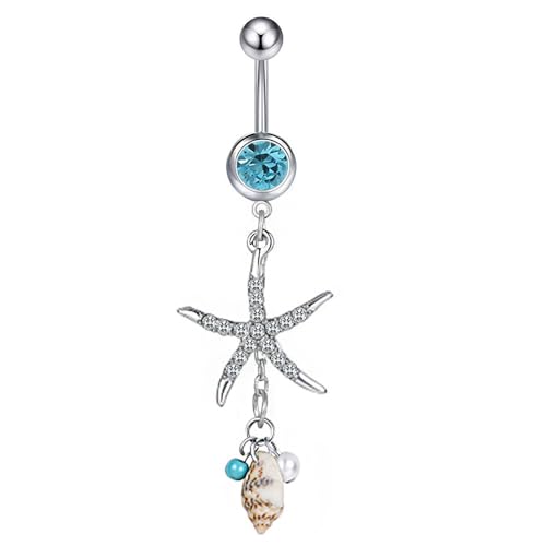 Starfish Dangle Belly Button Rings for Women Rhinestone Ocean Star with Pearl Conch Charm Navel Piercing Stainless Steel Curved Navel Barbell Ring Beach Jewelry - color: Blue