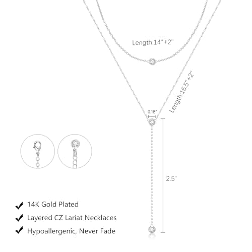 LULII Gold Necklace for Women Trendy Lariat Y Necklace Dainty 14k Gold Plated/Silver Long Necklaces for Women Layered Beaded Drop Necklaces Simple Y-Shaped Chain Jewelry Gifts - color: Y Layered CZ Necklace-Silver