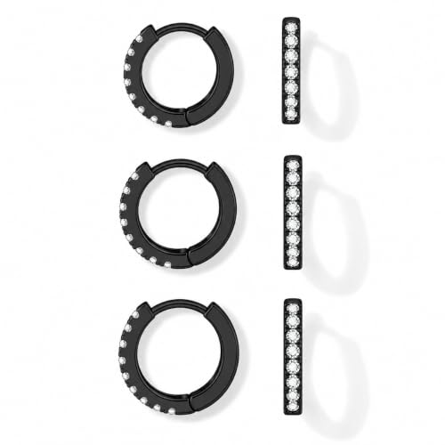 micuco 3 Pairs Small Hoop Earrings Tiny Cartilage Earrings for Women Men | Cubic Zirconia Earrings Huggie Hoop Ear Piercing Earrings for 8mm 10mm 12mm - color: 9# Black 10-10-10mm
