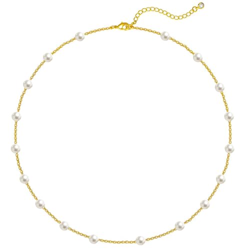 OGD Gold Pearl Necklace Set for Women 14K Plated Layered Daisy Choker Gift - color: Satellite Pearl - Gold