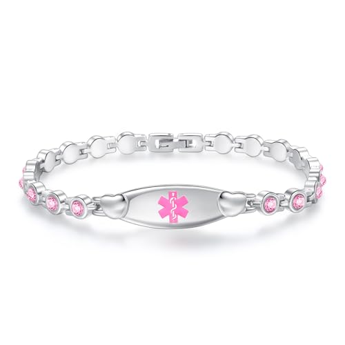 LinnaLove Fashion Shiny medical alert bracelet with Free Engraving Stainless steel Medical id bracelet for Women - color: Crystal heart-Pink