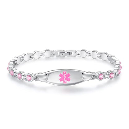LinnaLove Fashion Shiny medical alert bracelet with Free Engraving Stainless steel Medical id bracelet for Women - color: Crystal heart-Pink