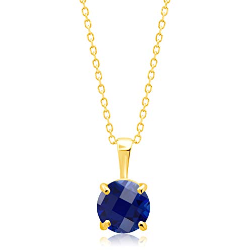 MAX + STONE 14k White or Yellow Gold Gemstone Round Pendant Necklace for Women 6mm Solitaire Birthstone with 18 Inch Cable Chain - color: Created Blue Sapphire